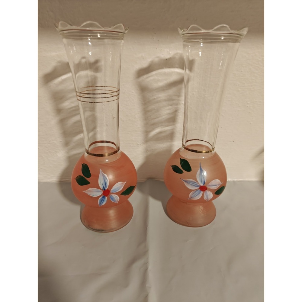 Bartlett Collins  Pink Hand Painted 9" Bud Vase Flowers Gold Trim Set Of 2